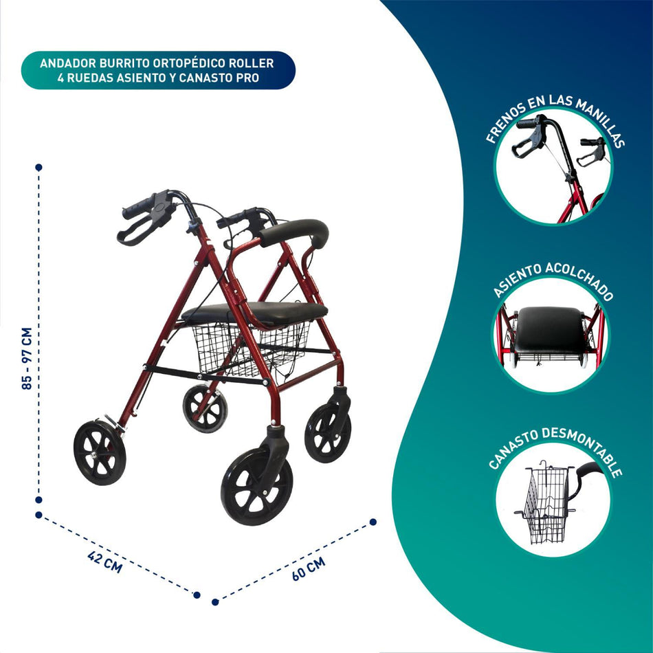 Andador Burro Ortopédico 4 Ruedas - Asiento y Canasto Pro